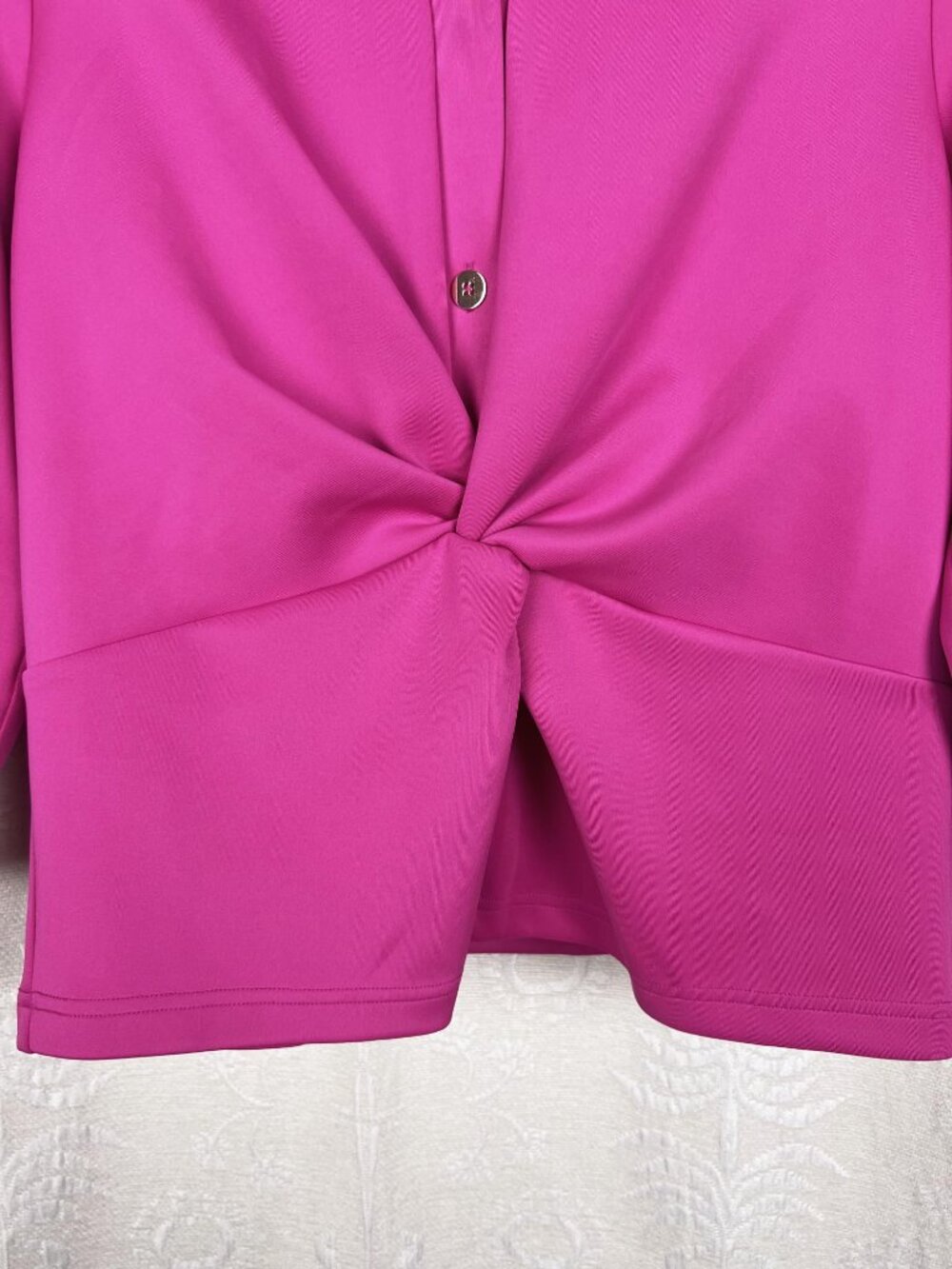 Gretchen Scott Twist & Shout top hot pink stretch jersey button-up blouse ruched - Picture 4 of 9